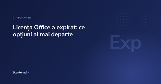 Mesaj de abonament Office expirat pe ecranul unui laptop, ghid licente.md